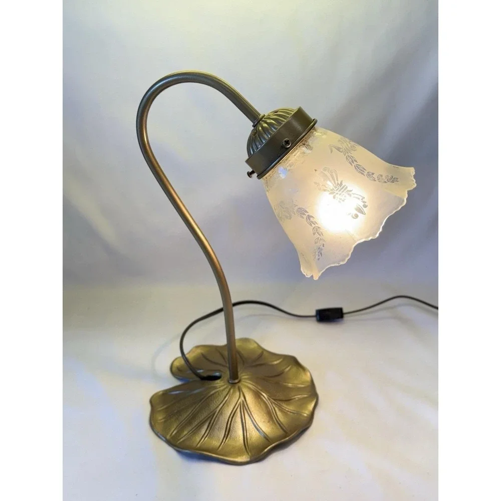 VTG Art Nouveau Brass Style Gooseneck Lily Pad Desk Lamp W/ White Frosted Shade